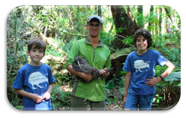 DOC Biodiversity Range Raúl Johnson with the Castle boys at a kiwi release